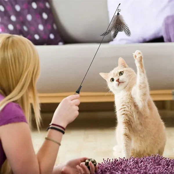 Interactive wooden handle spring feather funny cat stick toy