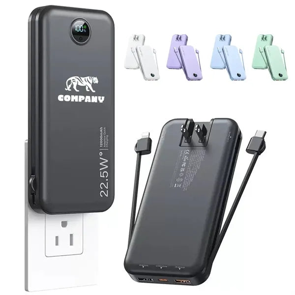 12000mAh Power Bank with Built in Cables&AC Wall Plug