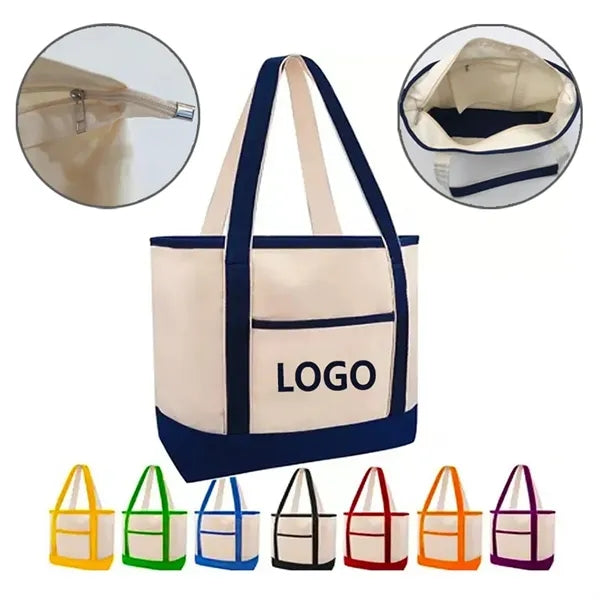 Large Cotton Tote Bag with Zipper and Pocket