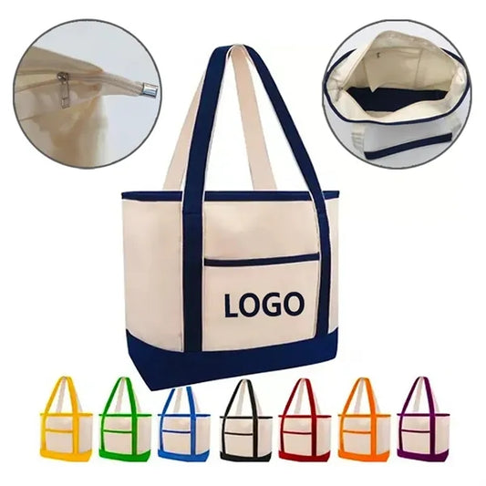 Large Cotton Tote Bag with Zipper and Pocket