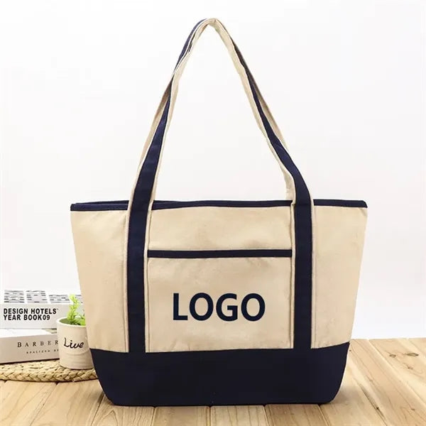 Large Cotton Tote Bag with Zipper and Pocket