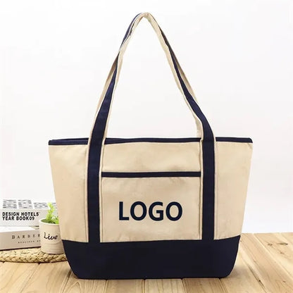 Large Cotton Tote Bag with Zipper and Pocket