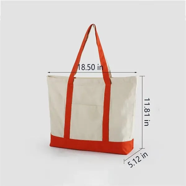 Large Cotton Tote Bag with Zipper and Pocket