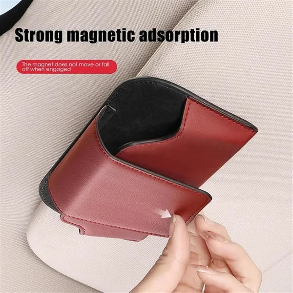 Magnetic Leather Sun Visor Eyeglasses Storage Case