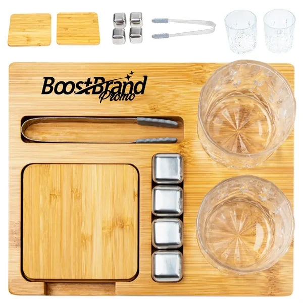 Bamboo Collins Whiskey Serving Tray with Organized Slots