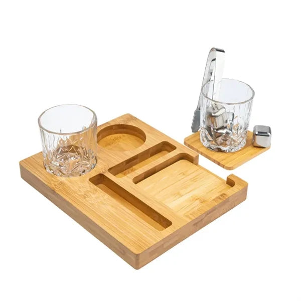 Bamboo Collins Whiskey Serving Tray with Organized Slots
