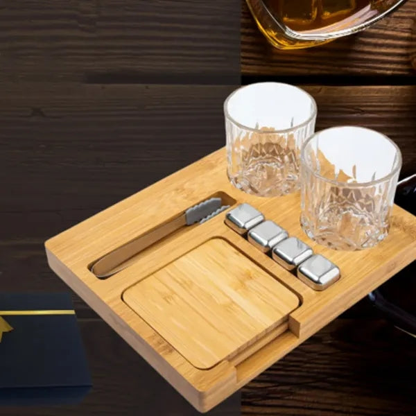Bamboo Collins Whiskey Serving Tray with Organized Slots
