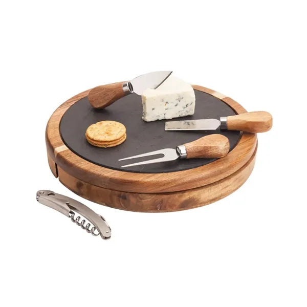 4-Piece Normandy Swivel Base Wood Cheese Wine Board Set