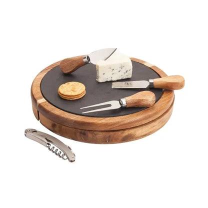 4-Piece Normandy Swivel Base Wood Cheese Wine Board Set