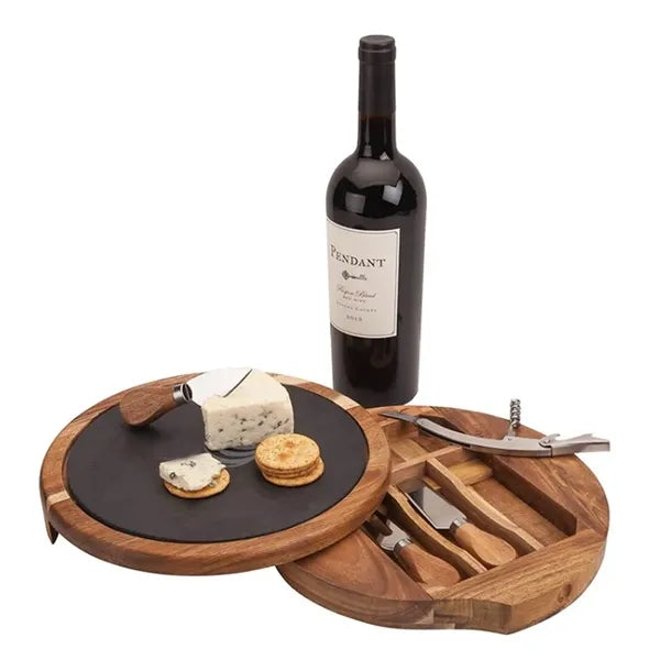 4-Piece Normandy Swivel Base Wood Cheese Wine Board Set