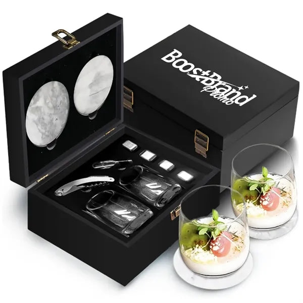 Whiskey Chilling Stone Gift Set w/ Glasses & Marble Coasters