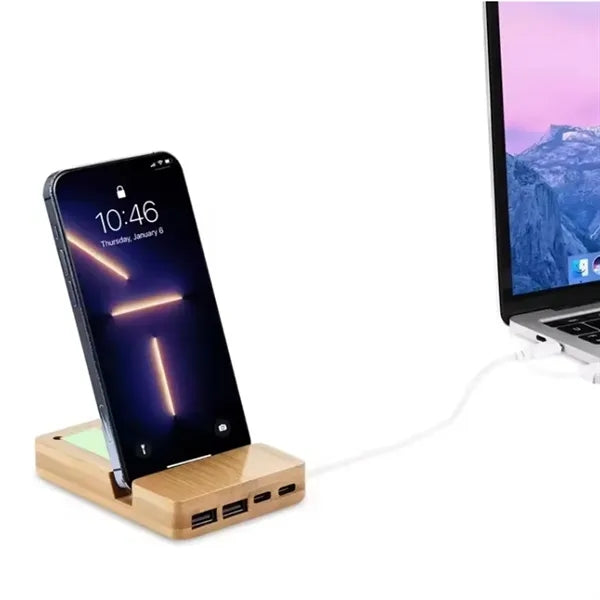 Bamboo Desk Organizer & Phone Stand with USB Type-C Hub Port