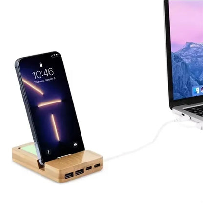 Bamboo Desk Organizer & Phone Stand with USB Type-C Hub Port