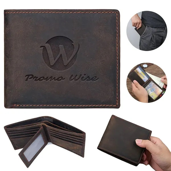 Crazy Horse Leather Minimalist Short Wallet with ID Window