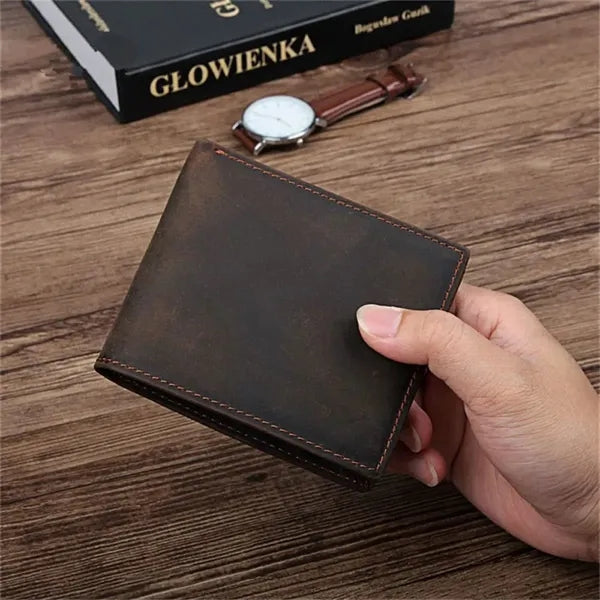 Crazy Horse Leather Minimalist Short Wallet with ID Window