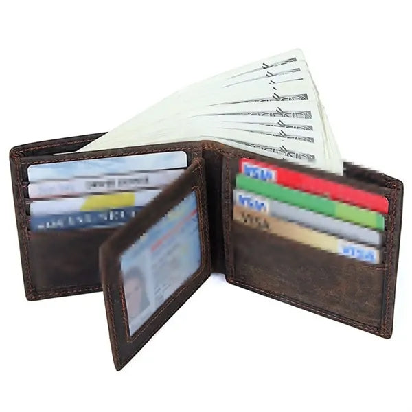 Crazy Horse Leather Minimalist Short Wallet with ID Window