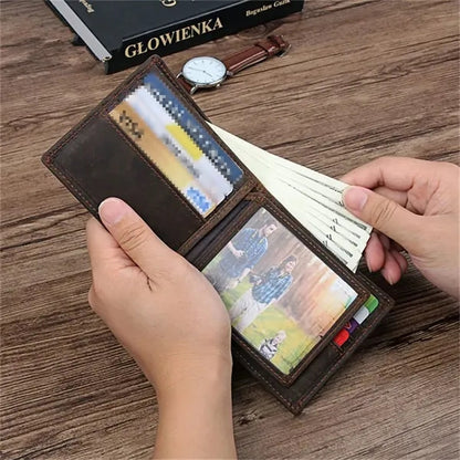 Crazy Horse Leather Minimalist Short Wallet with ID Window