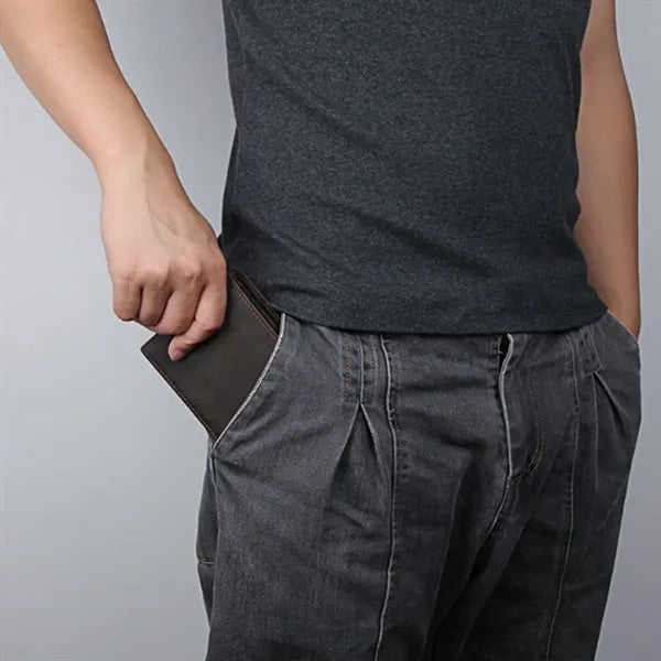 Crazy Horse Leather Minimalist Short Wallet with ID Window