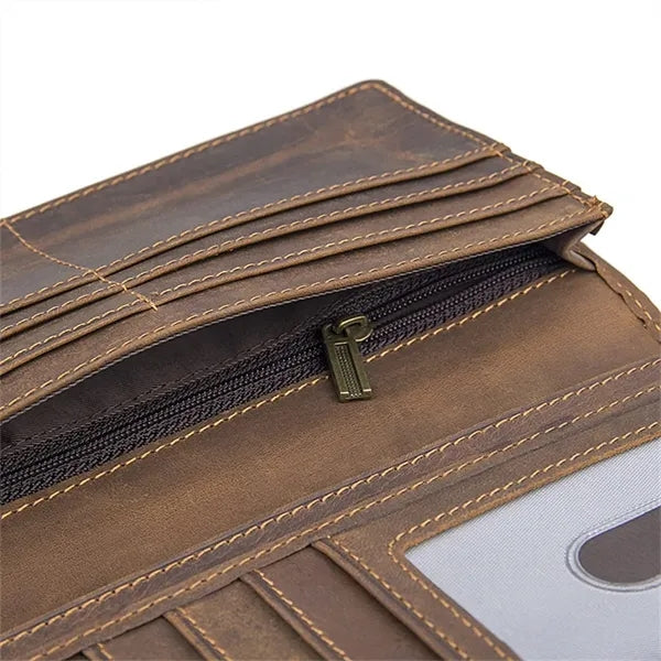 Genuine Leather Long Bifold Vintage Wallet with ID Window