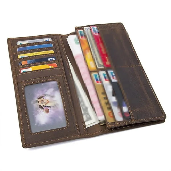 Genuine Leather Long Bifold Vintage Wallet with ID Window
