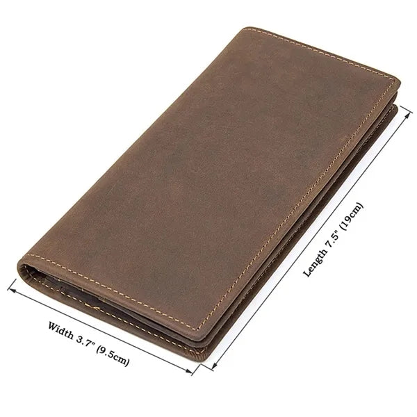 Genuine Leather Long Bifold Vintage Wallet with ID Window