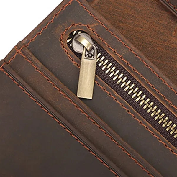 Cowhide Leather Long Bifold Wallet With Zip Pocket