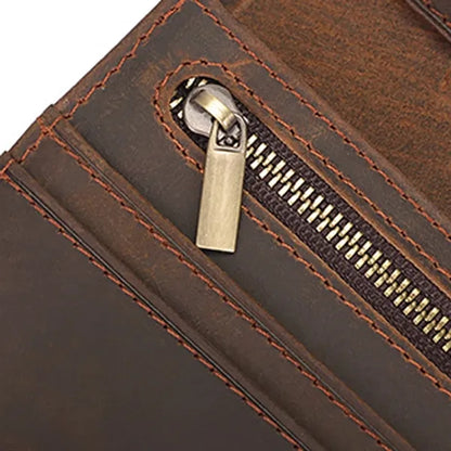 Cowhide Leather Long Bifold Wallet With Zip Pocket