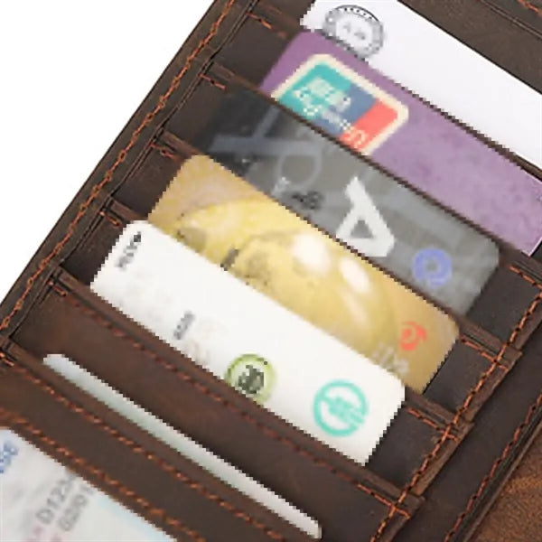 Cowhide Leather Long Bifold Wallet With Zip Pocket
