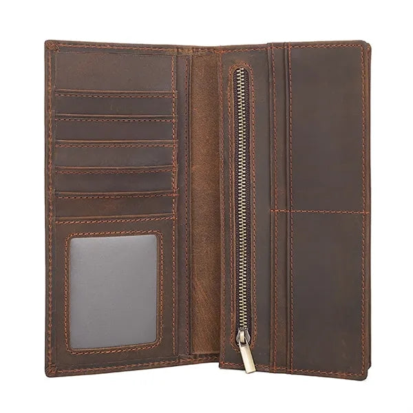 Cowhide Leather Long Bifold Wallet With Zip Pocket