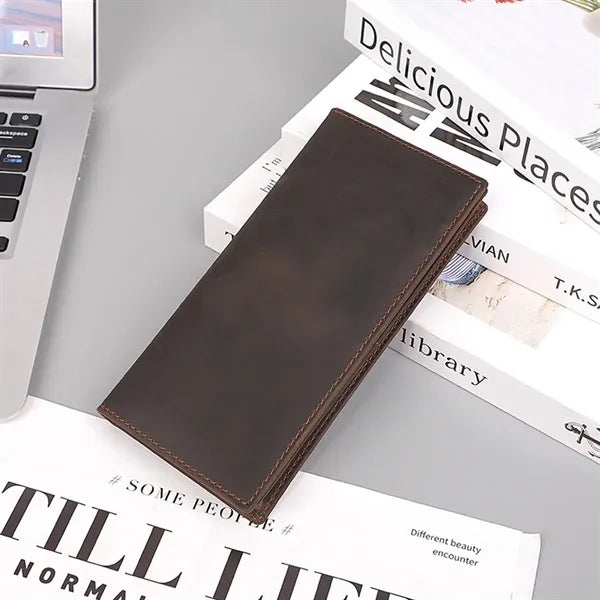 Cowhide Leather Long Bifold Wallet With Zip Pocket