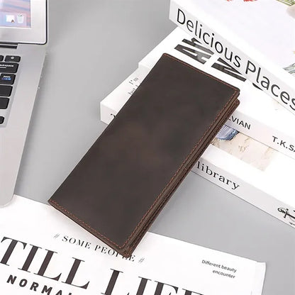 Cowhide Leather Long Bifold Wallet With Zip Pocket
