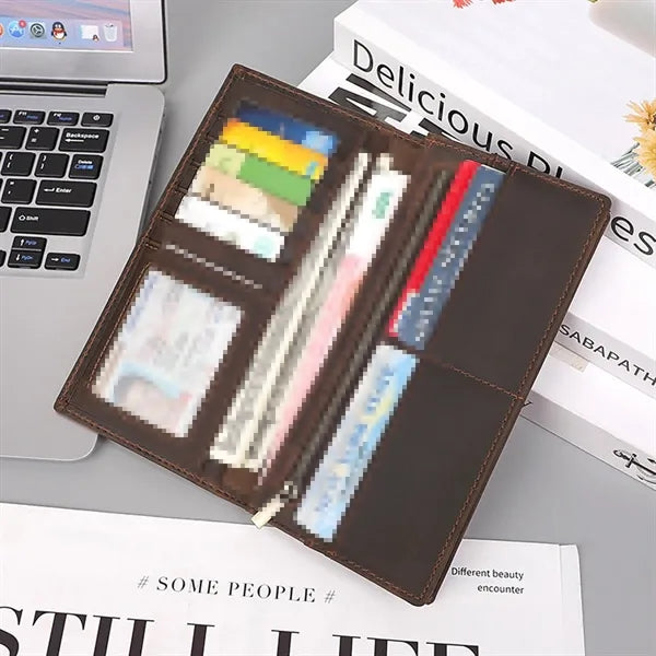 Cowhide Leather Long Bifold Wallet With Zip Pocket