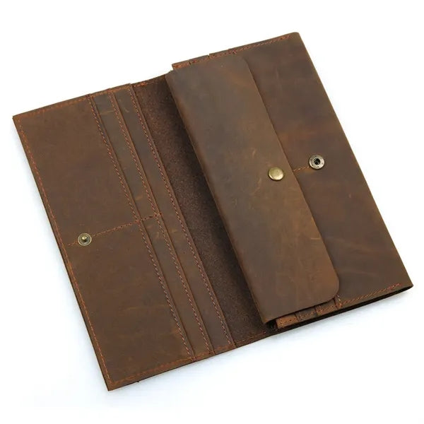 Genuine Leather Snap Closure Lightweight Long Bifold Wallet