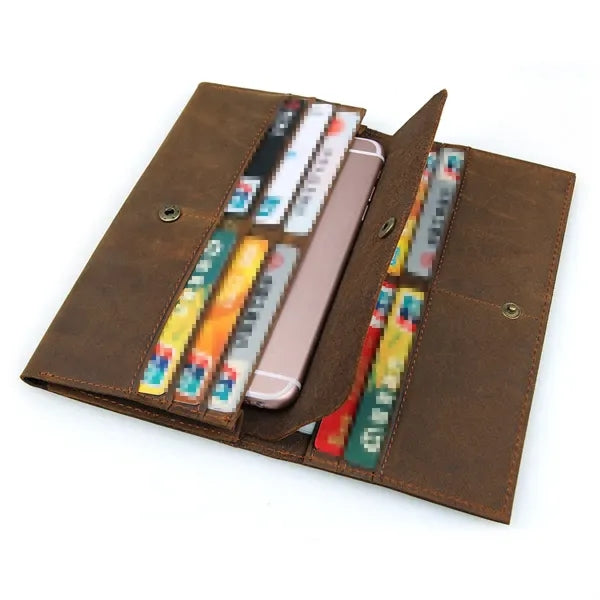 Genuine Leather Snap Closure Lightweight Long Bifold Wallet