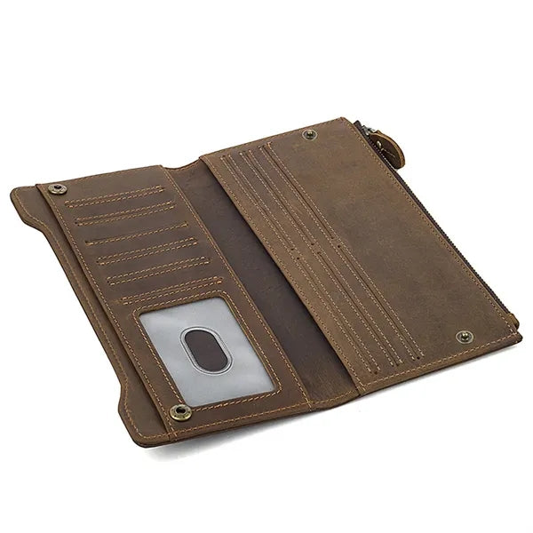 Genuine Leather Zippered Long Bifold RFID Wallet with Snap
