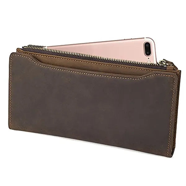 Genuine Leather Zippered Long Bifold RFID Wallet with Snap