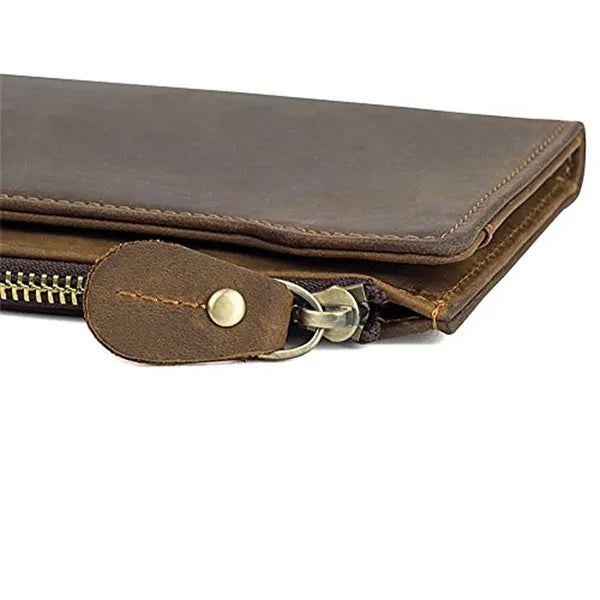 Genuine Leather Zippered Long Bifold RFID Wallet with Snap