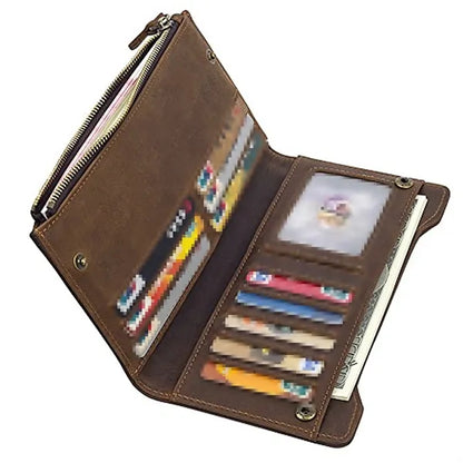 Genuine Leather Zippered Long Bifold RFID Wallet with Snap