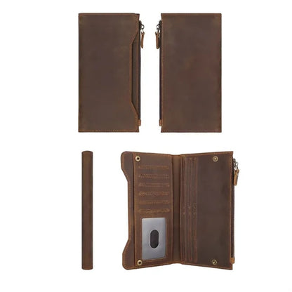 Genuine Leather Zippered Long Bifold RFID Wallet with Snap