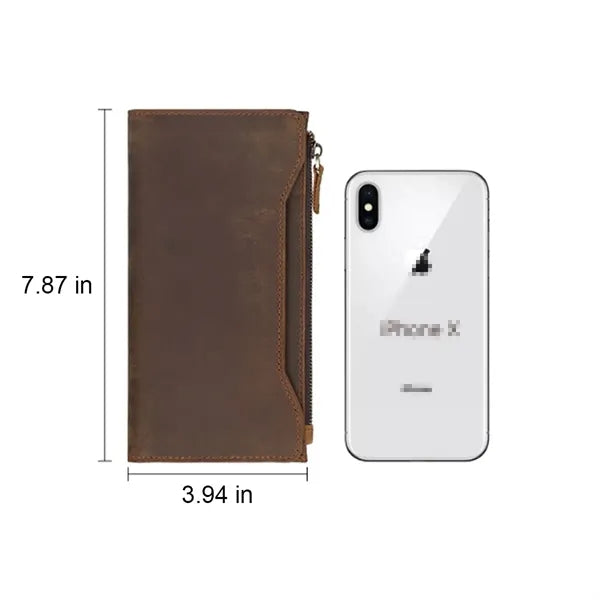 Genuine Leather Zippered Long Bifold RFID Wallet with Snap