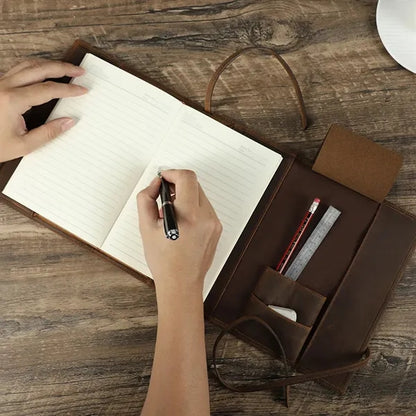 A5 Handmade Leather Padfolio Travel Notebook w/ Pen Slots