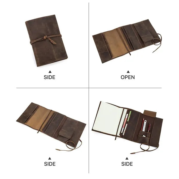 A5 Handmade Leather Padfolio Travel Notebook w/ Pen Slots