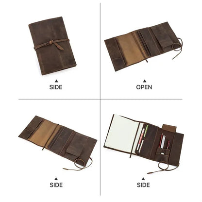 A5 Handmade Leather Padfolio Travel Notebook w/ Pen Slots