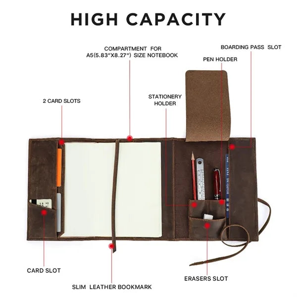 A5 Handmade Leather Padfolio Travel Notebook w/ Pen Slots