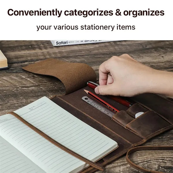A5 Handmade Leather Padfolio Travel Notebook w/ Pen Slots