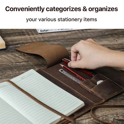 A5 Handmade Leather Padfolio Travel Notebook w/ Pen Slots