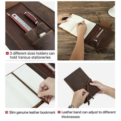A5 Handmade Leather Padfolio Travel Notebook w/ Pen Slots