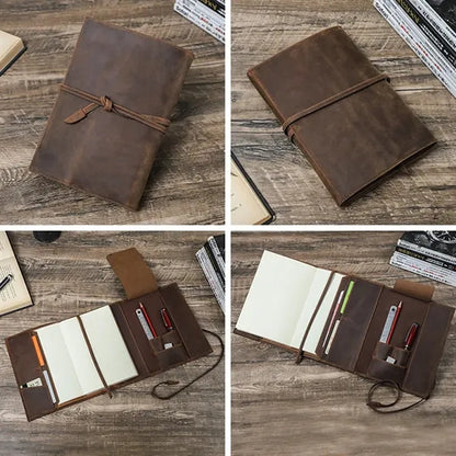 A5 Handmade Leather Padfolio Travel Notebook w/ Pen Slots