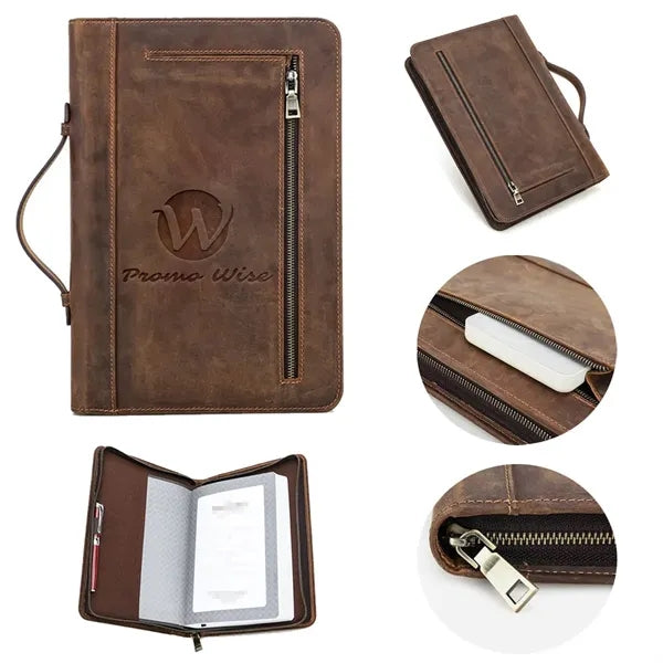 Crazy Horse Leather Zipper Tote Book Cover with Pen Holder
