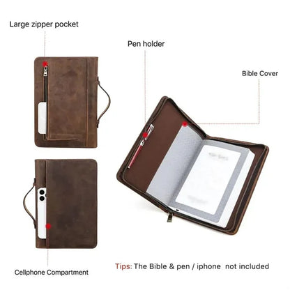 Crazy Horse Leather Zipper Tote Book Cover with Pen Holder
